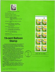 USPS SOUVENIR PAGE 19-CENT BALLOON STAMP BOOKLET PANE OF (10) 1991