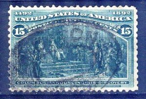 United States USA 1893 C. Columbus Discovery of America Sc. 238 Used Thin paper