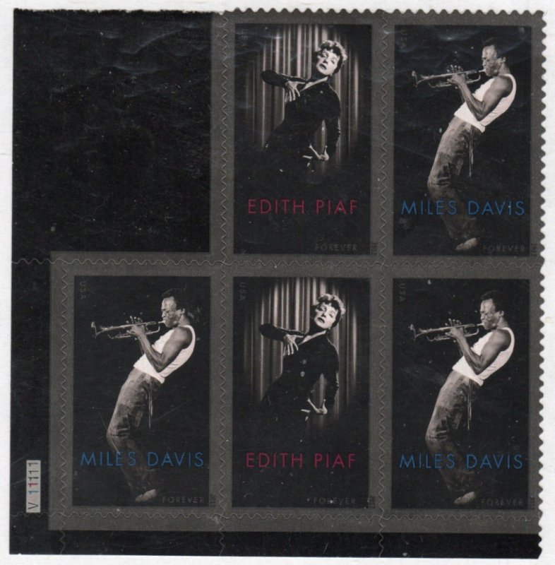 SC# 4692-4693 - (45c) - Musicians: Edith Piaf & Miles Davis - MNH plate Block/5