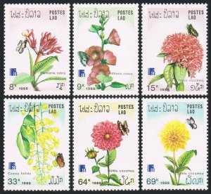 Laos 870-875,876,MNH.Mi 1098-1103,Bl.124. FINLANDIA-1988.Butterflies,Flowers.