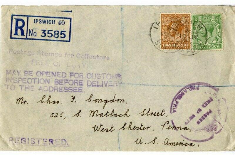 England Cover 1933 Registered Censor Warning