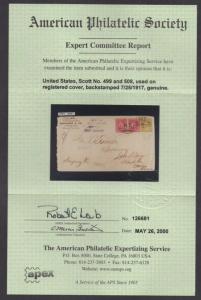 **US 20th Century Reg Cover, SC# 499 (pair), 508, B/S 7/25/1917, APS Cert