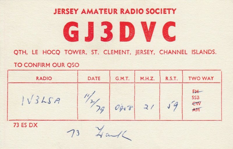 9767 Amateur Radio QSL Card LE HOCQ TOWER JERSEY CHANNEL ISLANDS