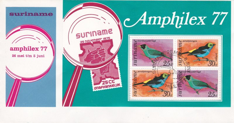 Suriname #  C71 (Footnoted) Amphilex 77 - Birds, Souvenir Sheet First Day Cover