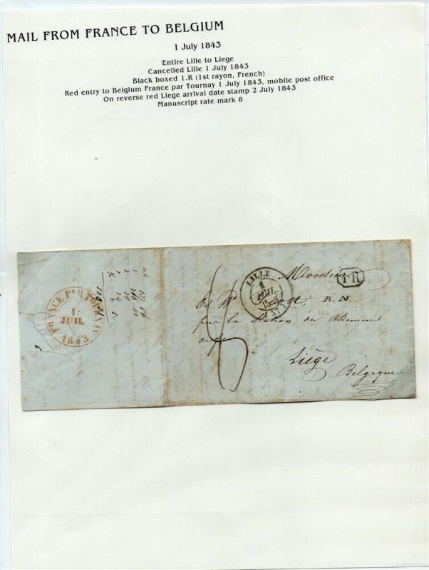 FRANCE Early LETTER/COVER 1843 fine used item Lille - Liege Belgium