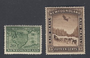 2x Newfoundland Stamps;  #223-20c MH VF & # C6-15c Airmail Guide Value = $35.00