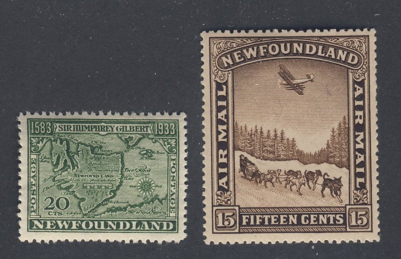 2x Newfoundland Stamps;  #223-20c MH VF & # C6-15c Airmail Guide Value = $35.00