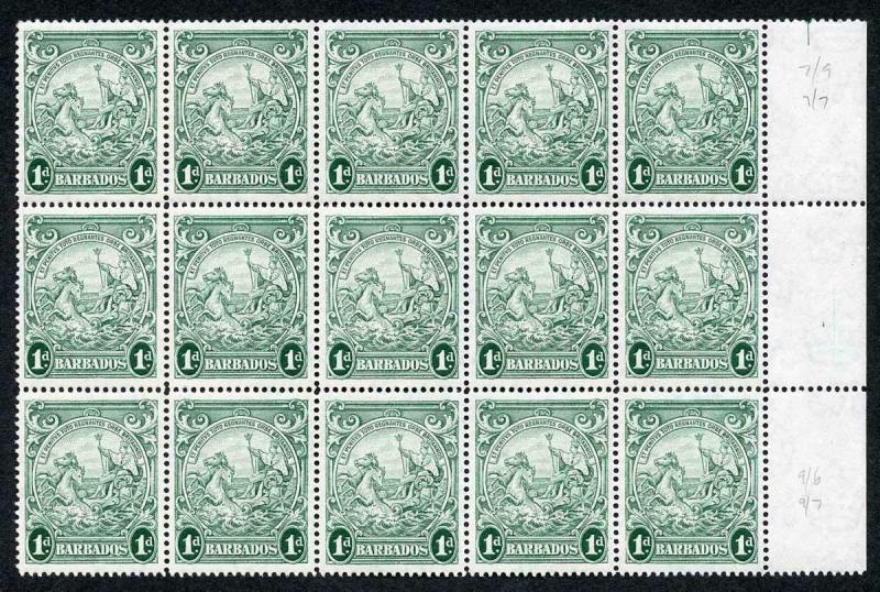 Barbados SG249c 1d blue-green R8/8 and 9/6 scratches across King R7/7 9/7 8/10 r