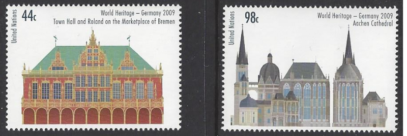 United Nations #979-80 MNH, set Town Hall & Aachen Cathedral, issued 2009