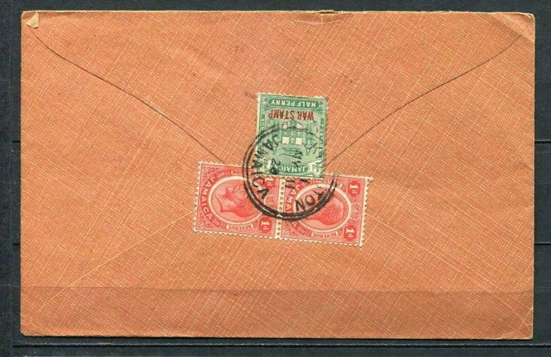 Jamaica 1920 Cover to USA Revenue Pair Overprint war stamp SKU 308 