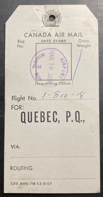 1958 Winnipeg Canada Baggage Tag Airmail Cover To Quebec B