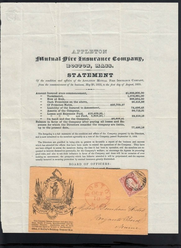 MASSACHUSETTS: Boston 1855 #11 Mutual FIRE INSURANCE STATEMENT Circular