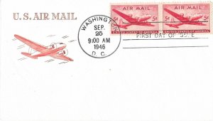 1946 Air Mail FDC, #C32, 5c DC-4, Grimsland, horizontal pair