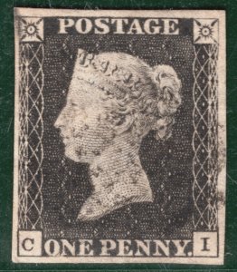 GB PENNY GREY-BLACK 1840 QV Stamp SG3 1d Plate 10 (CI) STATE 1 Cat £1,000 REDS80 