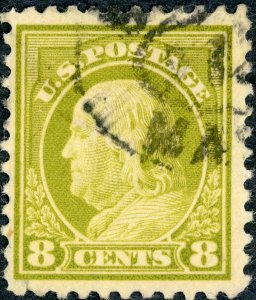 #508 – 1917 8c Franklin, olive bister, perf 11. Used. Small Tear.