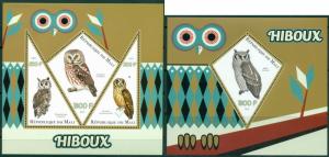 Mali Birds Owls Fauna MNH stamp set 3val sheet and s/s