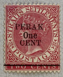 Malaya Perak 1891 PERAK One CENT on 2c rose. Unused. Scott 35, CV $9.75, SG 60