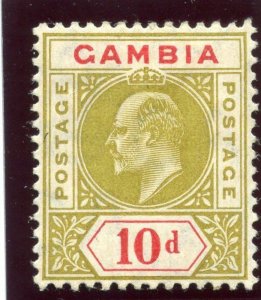 Gambia 1905 KEVII 10d olive & carmine MLH. SG 66. Sc 56.