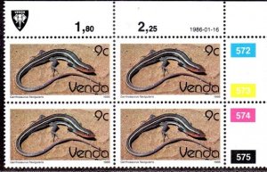 Venda - 1986 Reptiles 9c 1986.01.16 Plate Block MNH** SG 127