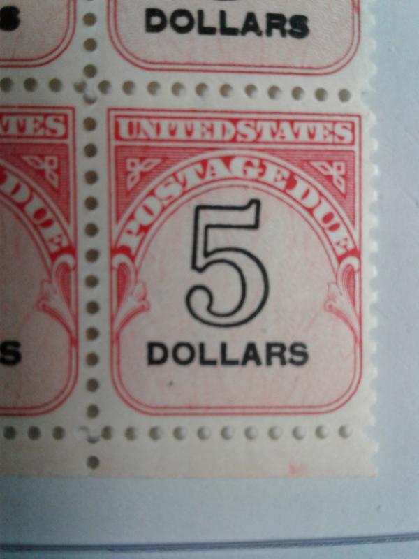 SCOTT # J-101 EFO  $ 5.00 U.S POSTAGE DUE PLATE BLOCK WITH OVERPRINT SCHMEAR !!