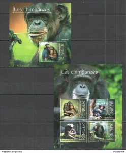 2013 Niger Fauna Animals Les Chimpanzes 1Kb+1Bl ** St2844