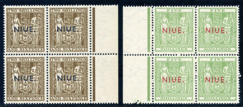 Niue 1957-67 Arms 2s6d & 5s blocks of four (Line Perf) superb MNH. SG 87, 88.