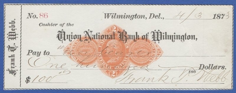 US 1873 2c Used Bank Check, Sc RN-D1, Union National Bank of Wilmington Delaware