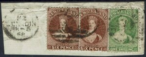 NEW ZEALAND 1864 QV CHALON 6D X2 AND 1/- USED ON PIECE WMK STAR PERF 12.5 