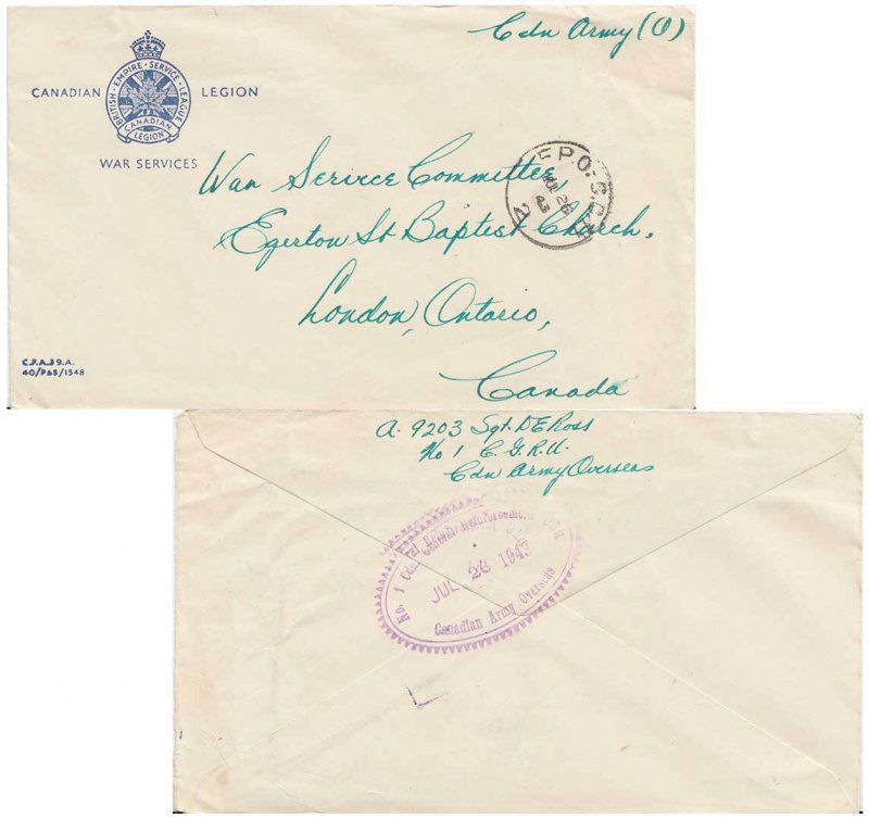 Canada Soldier's Free Mail 1943 F.P.O. S.C. 11 D Group, Canadian Reinforcemen...