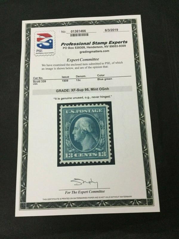 MOMEN: US STAMPS #339 MINT OG NH PSE CERT GRADED XF-SUP 95