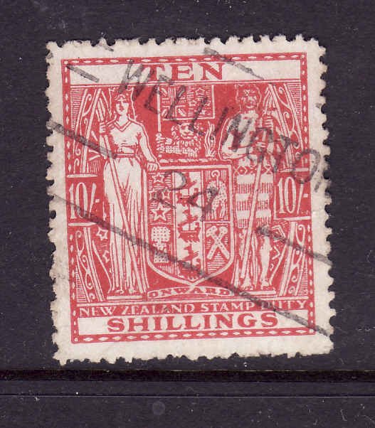 New Zealand-Sc #AR84-used 10sh dk carmine Postal-Fiscal coat of arms-1940-58-