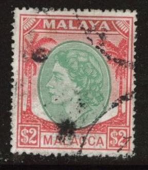 Malaya Malacca Scott 43 used $2 1954  CV$37.50 tape stain