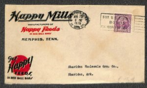 USA #721 MEMPHIS TENNESSEE TO ARKANSAS CARNIVAL STAMP HAPPY MILLS AD COVER 1936