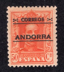 Spanish Andorra 1928 50c orange Overprint, Scott 9 MH, value = $18.00
