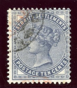 Malaya Straits 1882 QV 10c slate very fine used. SG 49. Sc 39.