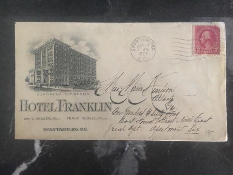 1927 Spartanburg SC USA Hotel Franklin Advertising To Atlanta GA