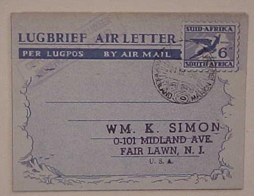 SOUTH AFRICA  AIR LETTER MARION ISLAND MARCH 1956 TO USA