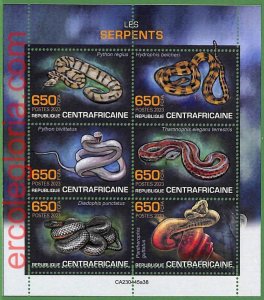 B1325 - Centrafricaine - ERROR MISPERF Stamp Sheet - 2023 - SNAKES, Reptiles-