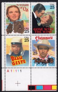 Scott #2445-2448a Classic Films 25¢ Plate Block of 4 Stamps - MNH