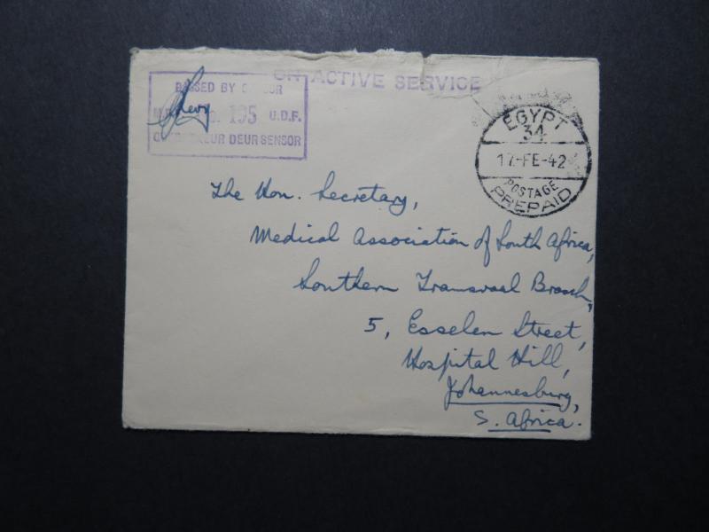 Egypt 1942 Stampless Censored Cover to South Africa  - Z10563