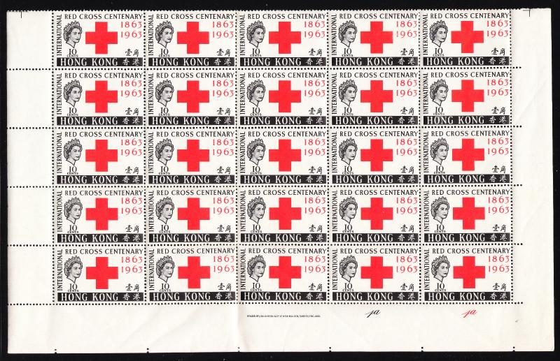 HONG KONG — SCOTT 219 (SG 212) — 1963 10¢ RED CROSS — BLK/25 — MNH — SCV $112.50