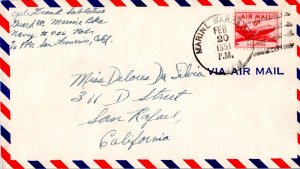 Guam 6c DC-4 Skymaster 1951 Marine Barracks, Guam Airmail to San Rafael, Cali...