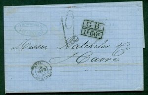 DANISH WEST INDIES 1874, Stampless letter, St. Thomas to France via London, VF