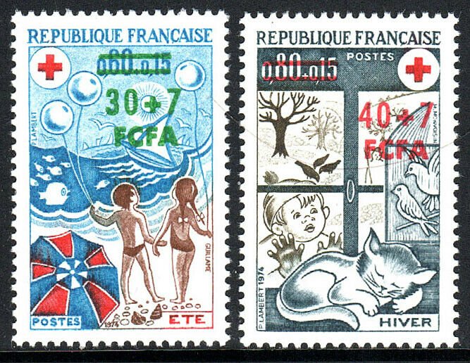 Reunion B46-B47, MNH. Red Cross. Children on beach,balloons;Child,cat,birds,1974