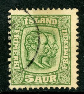 Iceland 1907 Two Kings 5a Green Perf 13 Scott 74 VFU C838