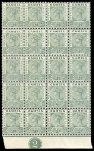 Gambia 1898 QV ½d dull-green PLATE 2 BLOCK with REPAIRED S var MNH. SG 37,37b.