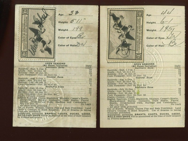 RW3 Federal Duck Stamps Used on 2 Illinois Licenses (Stock RW3 Li A2)