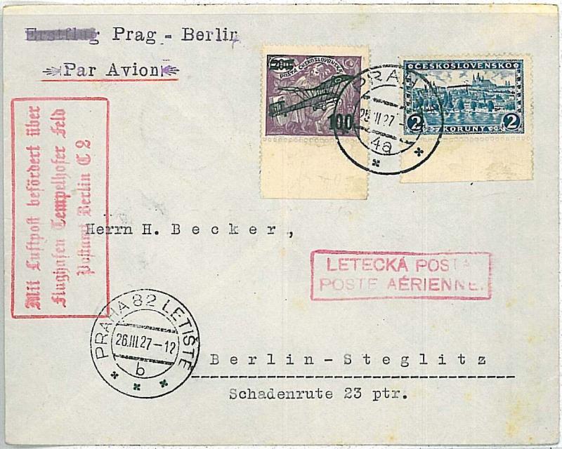 AIRMAIL - FLIGHT COVER - Czechoslovakia :  PRAGUE Praha / BERLIN - 26.03.1927