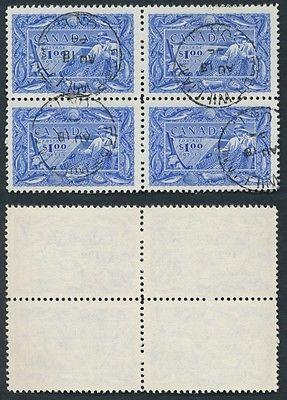 Canada #302 $1 Fisheries, F-VF Used Block of 4, Fort Will...