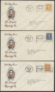 1937 #234-236 4c-8c George VI Mufti FDCs Plimpton Cachet Ottawa Flag